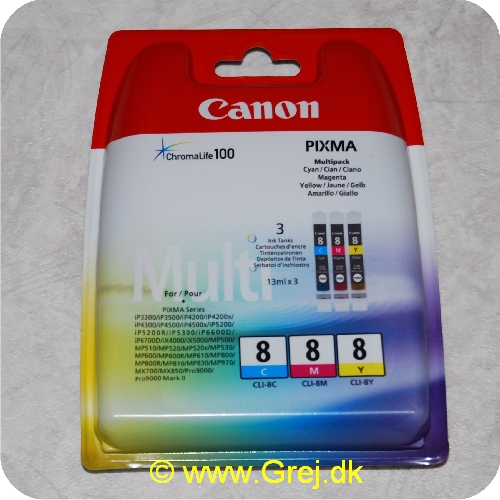 8714574552569 - Canon Pixma CLI8<br>
Indeholder:<br>
1x CLI-8C<br>
1x CLI-8M<br>
1x CLI-8Y<br>
Passer til diverse Canon modeller