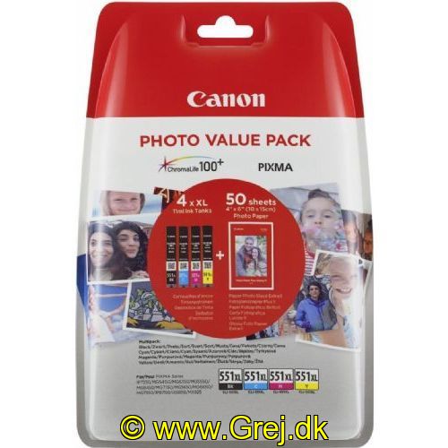 8714574631028 - Canon Pixma 551 Value Multipak - Sort - Rød - Gul - Blå - XL Blækpatroner + 50 ark FOTO papir:Sort: CLI-551BK - Blå: CLI-551C - Rød: CLI-551M - Gul: CLI-551Y - XL Blæk patroner til:Pixma IP7250Pixma. MG5450Pixma. MG6350. MX925
