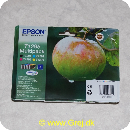 8715946465586 - Epson - T1295 Multipak (æble Serie)<br>Indeholder:<br>1 stk T1291 blæk patron<br>1 stk T1292 blæk patron<br>1 stk T1293 blæk patron<br>1 stk T1294 blæk patron<br><br>Passer til flere forskellige Epson modeller