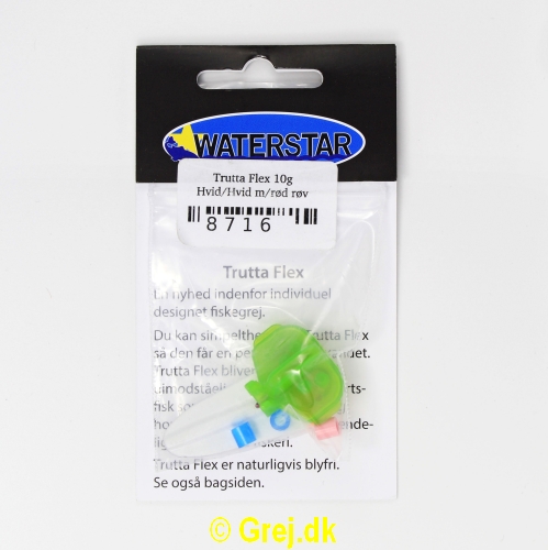 8716 - Trutta Flex 10 gram - Hvid med rød røv  - Med krogbeskytter - En nyhed indenfor individuel designet fiskegrej.Du kan simpelthen BøJE Trutta Flex så den får den perfekte gang i vandet.Trutta Flex bliver dermed totalt uimodståelig for de kendte sportsfisk som f.eks. laks. havørred og hornfisk.Suveræn til Put & Take.