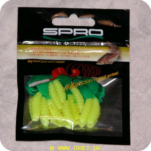 8716851112305 - Spira-Tail jigs - Yellow/Green - 3.5 cm - 10 stk pr. pakning<BR>
Big trout just cant resist!<BR>
Small twisterlike tails with a small scoop at the end generating massive tail action! Simply fish them on a hook or on a jighead; Trout go wild!!!<BR>
Perch and Zander love them too!