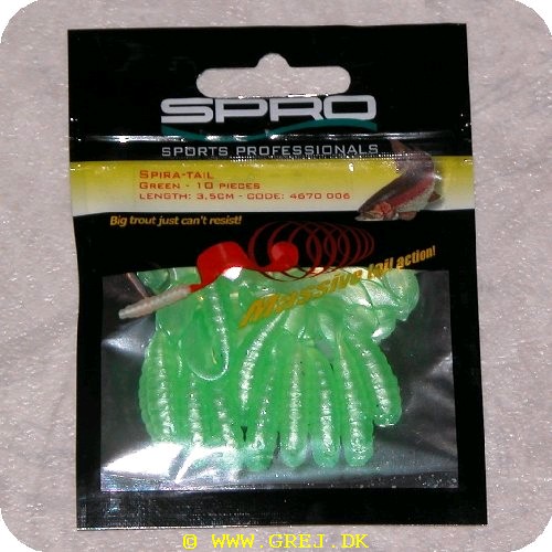 8716851112336 - Spira-Tail jigs - Grøn - 3.5 cm - 10 stk pr. pakning<BR>
Big trout just cant resist!<BR>
Small twisterlike tails with a small scoop at the end generating massive tail action! Simply fish them on a hook or on a jighead; Trout go wild!!!<BR>
Perch and Zander love them too!