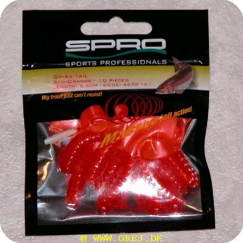 8716851112343 - Spira-Tail jigs - Red/Orange - 5.5 cm - 10 stk pr. pakning<BR>
Big trout just cant resist!<BR>
Small twisterlike tails with a small scoop at the end generating massive tail action! Simply fish them on a hook or on a jighead; Trout go wild!!!<BR>
Perch and Zander love them too!