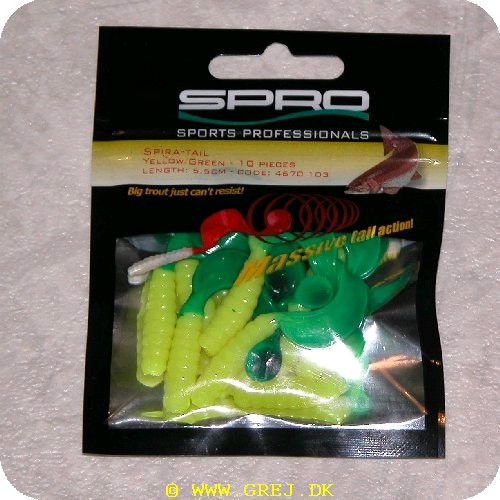 8716851112367 - Spira-Tail jigs - Yellow/Green - 5.5 cm - 10 stk pr. pakning<BR>
Big trout just cant resist!<BR>
Small twisterlike tails with a small scoop at the end generating massive tail action! Simply fish them on a hook or on a jighead; Trout go wild!!!<BR>
Perch and Zander love them too!