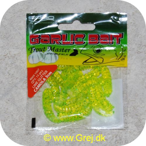 8716851295114 - Garlic Bait Trout Master 3 cm - Camola - 15 stk - Lime glitter larver