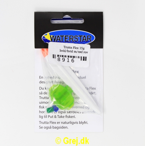 8916 - Trutta Flex - 15 gram - Hvid med rød røv<BR><BR>En nyhed indenfor individuel designet fiskegrej.Du kan simpelthen BøJE Trutta Flex så den får den perfekte gang i vandet.Trutta Flex bliver dermed totalt uimodståelig for de kendte sportsfisk som f.eks. laks. havørred og hornfisk.Suveræn til Put & Take.