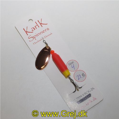895112422 - Karl K Spinners Compact - Skjern Å/Gudenå - 22g - Str. 4 - Rød/Gul gummi og Kobber blad - Kort