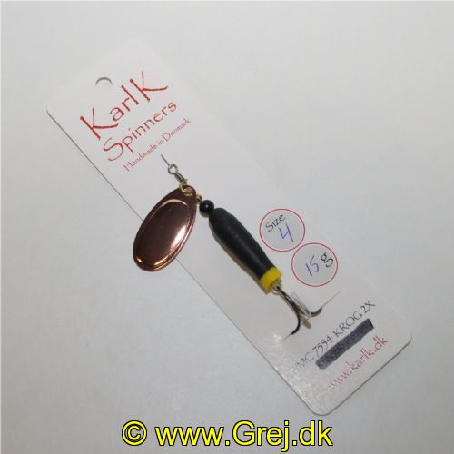 895224415 - Karl K Spinners Compact - Skjern Å/Gudenå - 15g - Str. 4 - Sort/Gul gummi og Kobber blad - Kort