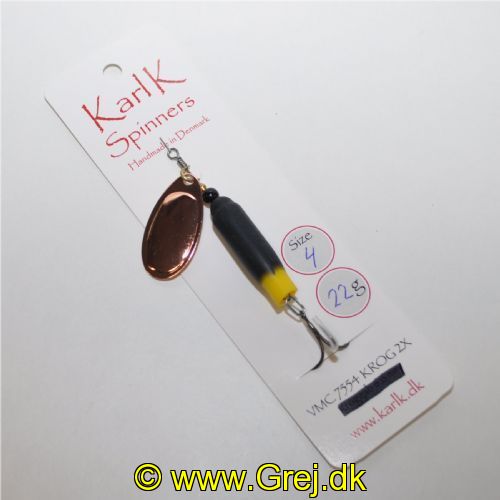 895902422 - Karl K Spinners Compact - Skjern Å/Gudenå - 22g - Str. 4 - Sort/Gul gummi og Kobber blad - Kort