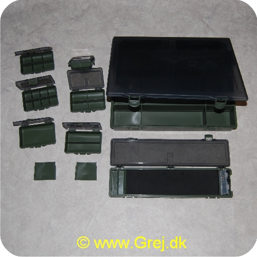AV4302 - Systembox XL - 37X29X6,5cm + 6 små æsker - 2,5X10,5X7cm + 1 specialæske - 34,5X8,5X2,5cm - mørkegrønne med gennemsigtig låg - Flytbare skillerum i den store æske
