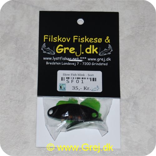 SF01 - Slow Fish blink,1 stor og 1 lille Slow fish - Farve: sort - Med krogkapper.<BR><BR<Indhold<LI>1 lille slow fish blink</LI><LI>1 stor slow fish blink</LI><LI>2 krogkapper</LI><LI>2 trekroge</LI><LI>4 springringe</LI><BR>Super god blink som virkelig tirrer fiskene. Kan bruges på fluestang, light spinnestang eller med bombardaflåd.<BR>Blikket er kun grundmalet i den givne farve men kan sagtens fiskes med som den er og er stadig super effektiv.