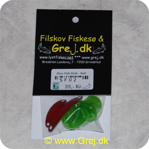 SF02 - Slow Fish blink,1 stor og 1 lille Slow fish - Farve: rød - Med krogkapper.<BR><BR<Indhold<LI>1 lille slow fish blink</LI><LI>1 stor slow fish blink</LI><LI>2 krogkapper</LI><LI>2 trekroge</LI><LI>4 springringe</LI><BR>Super god blink som virkelig tirrer fiskene. Kan bruges på fluestang, light spinnestang eller med bombardaflåd.<BR>Blikket er kun grundmalet i den givne farve men kan sagtens fiskes med som den er og er stadig super effektiv.