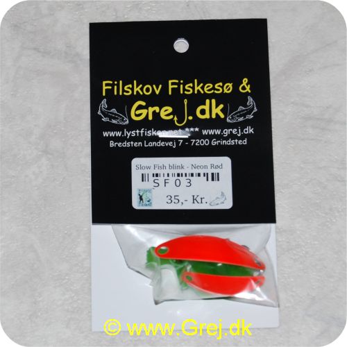 SF03 - Slow Fish blink,1 stor og 1 lille Slow fish - Farve: Neon rød - Med krogkapper.<BR><BR<Indhold<LI>1 lille slow fish blink</LI><LI>1 stor slow fish blink</LI><LI>2 krogkapper</LI><LI>2 trekroge</LI><LI>4 springringe</LI><BR>Super god blink som virkelig tirrer fiskene. Kan bruges på fluestang, light spinnestang eller med bombardaflåd.<BR>Blikket er kun grundmalet i den givne farve men kan sagtens fiskes med som den er og er stadig super effektiv.