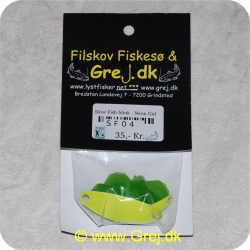 SF04 - Slow Fish blink,1 stor og 1 lille Slow fish - Farve: Neon Gul - Med krogkapper.<BR><BR<Indhold<LI>1 lille slow fish blink</LI><LI>1 stor slow fish blink</LI><LI>2 krogkapper</LI><LI>2 trekroge</LI><LI>4 springringe</LI><BR>Super god blink som virkelig tirrer fiskene. Kan bruges på fluestang, light spinnestang eller med bombardaflåd.<BR>Blikket er kun grundmalet i den givne farve men kan sagtens fiskes med som den er og er stadig super effektiv.