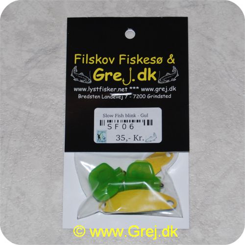 SF06 - Slow Fish blink,1 stor og 1 lille Slow fish - Farve: gul - Med krogkapper.<BR><BR<Indhold<LI>1 lille slow fish blink</LI><LI>1 stor slow fish blink</LI><LI>2 krogkapper</LI><LI>2 trekroge</LI><LI>4 springringe</LI><BR>Super god blink som virkelig tirrer fiskene. Kan bruges på fluestang, light spinnestang eller med bombardaflåd.<BR>Blikket er kun grundmalet i den givne farve men kan sagtens fiskes med som den er og er stadig super effektiv.