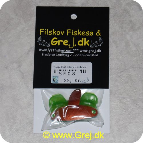 SF08 - Slow Fish blink,1 stor og 1 lille Slow fish - Farve: kobber - Med krogkapper.<BR><BR<Indhold<LI>1 lille slow fish blink</LI><LI>1 stor slow fish blink</LI><LI>2 krogkapper</LI><LI>2 trekroge</LI><LI>4 springringe</LI><BR>Super god blink som virkelig tirrer fiskene. Kan bruges på fluestang, light spinnestang eller med bombardaflåd.<BR>Blikket er kun grundmalet i den givne farve men kan sagtens fiskes med som den er og er stadig super effektiv.