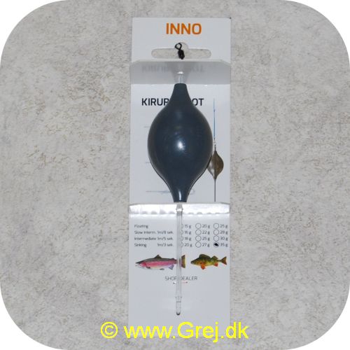 SINK1535G - Inno Bombarda Synkende 35g - Grå - 1m/3sek. - Inno-Bombarda  er et dansk designet bombardaflåd - Giver mindre kludder og lange kast - Flådet har en integreret anti-kludder inno-stick forrest