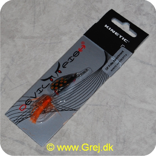 SPIN03 - Kinetic Devil Fish Spinner - Str. 1 - 48mm/6,5g - Sølvblad m/røde pletter - Sølv krop - Orange fjer