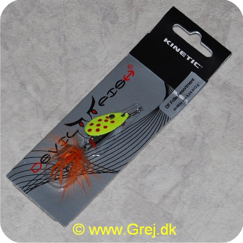 SPIN05 - Kinetic Devil Fish Spinner - Str. 1 - 48mm/6,5g - Gul blad m/røde pletter - Sølv krop - Orange fjer