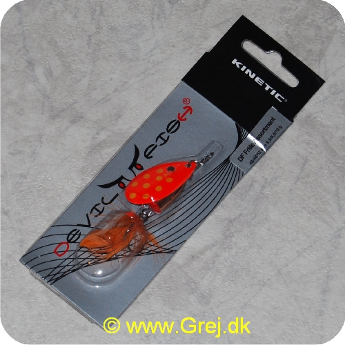 SPIN08 - Kinetic Devil Fish Spinner - Str. 2 - 48mm/8,5g - Orange blad m/gule pletter - Kobber krop - Orange fjer
