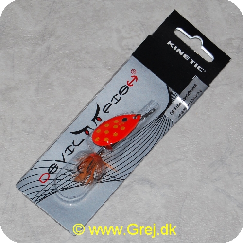 SPIN09 - Kinetic Devil Fish Spinner - Str. 2 - 48mm/8,5g - Orange blad m/gule pletter - Sølv krop - Orange fjer
