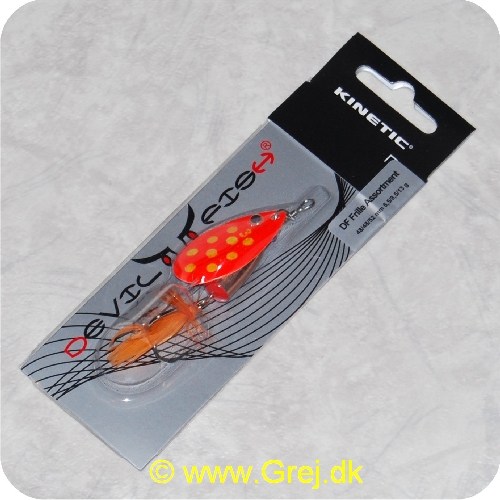 SPIN15 - Kinetic Devil Fish Spinner - Str. 3 - 52mm/13g - Orange blad m/gule pletter - Kobber krop - Orange fjer