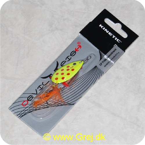 SPIN20 - Kinetic Devil Fish Spinner - Str. 3 - 52mm/13g - Gul blad m/røde pletter - Kobber krop - Orange fjer