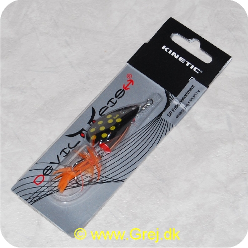 SPIN21 - Kinetic Devil Fish Spinner - Str. 3 - 52mm/13g - Sort blad m/gule pletter - Kobber krop - Orange fjer