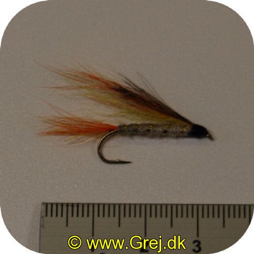 UF0001 - Enkeltkrog Laksefluer - Str. 8 - sølv krop -
gul og orange vinge / hale 
og sort hoved 