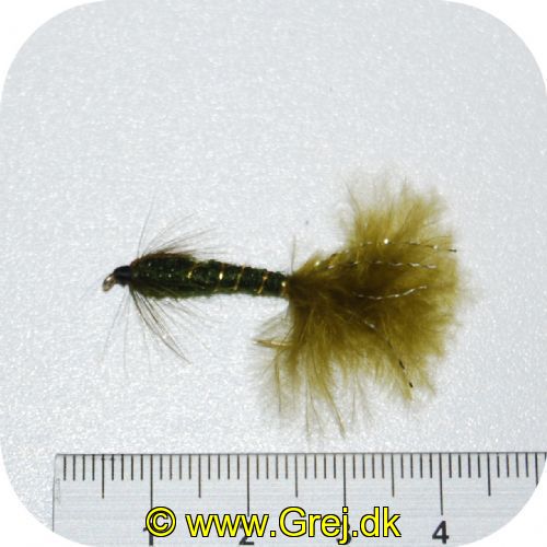 UF0021 - Enkeltkrog flue- Str. 8 - mørkegrøn krop med guld stråle og lysgrøn hale .med sølv flash