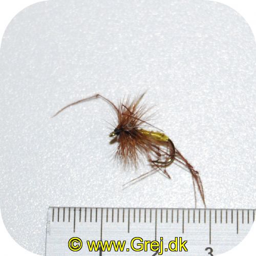 UF0045 - mejfluge flue - Str. 14 - med gul krop - brunt hackel - brune ben og lyse vinger 