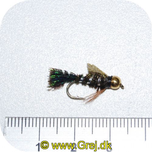 UF0046 - Enkeltkrog flue - Str. 10 - med tungstens hovede - mørk krop med sølv stribe - grøn hale - grå vinge -