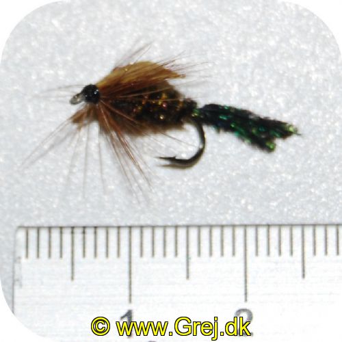 UF0049 - Enkeltkrog flue - Str. 14 -  mørk krop med sølv stribe - grøn hale - grå vinge -