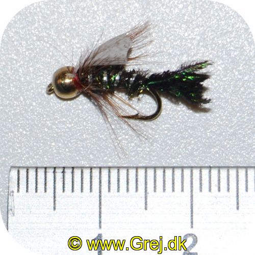 UF0050 - Enkeltkrog flue - Str. 12 - med tungstens hovede - mørk krop med sølv stribe - grøn hale - grå vinge - rød hackel -