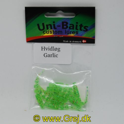 UN0602G - Uni-baits gummidyr. med en livlige og lokkende gang i vandet 7 stk Farve : Grøn med Rød - Duft Hvidløg 
kan bruges som buster til micro blink