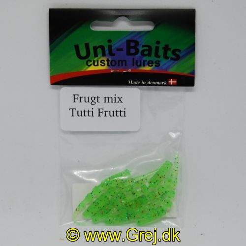 UN0602T - Uni-baits gummidyr. med en livlige og lokkende gang i vandet 7 stk Farve : Grøn med Rød - Duft tutti frutti 
kan bruges som buster til micro blink