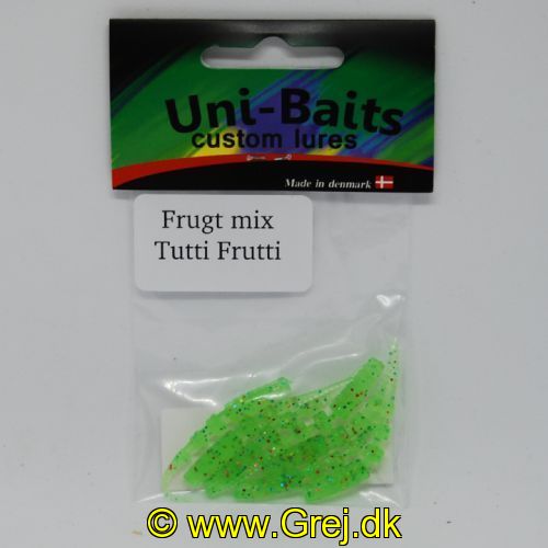 UN0602T - Uni-baits gummidyr. med en livlige og lokkende gang i vandet 7 stk Farve : Grøn med Rød - Duft tutti frutti 
kan bruges som buster til micro blink