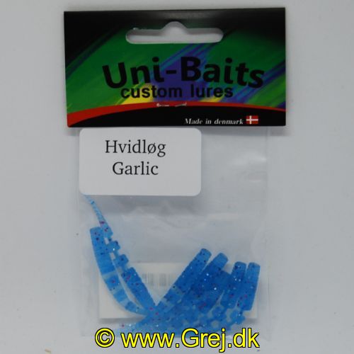UN0603G - Uni-baits gummidyr. med en livlige og lokkende gang i vandet 7 stk Farve : Blå med Rød - Duft Hvidløg 
kan bruges som buster til micro blink
