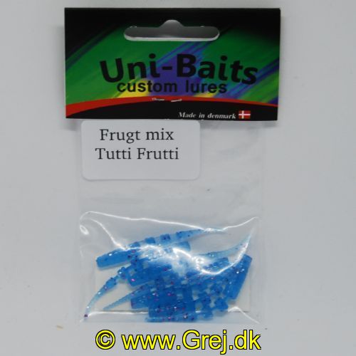 UN0603T - Uni-baits gummidyr. med en livlige og lokkende gang i vandet 7 stk Farve : Blå med Rød - Duft tutti frutti 
kan bruges som buster til micro blink